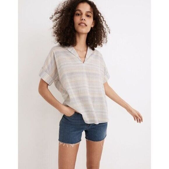 MADEWELL Crinkle Hayden Popover Striped Shirt Blue Tan‎ Top Size Small - Picture 1 of 9